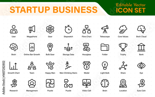 Startup business line icons set. Editable stroke business symbols. Innovation, growth, idea, and strategy icon collection. Thin line vector set for development.