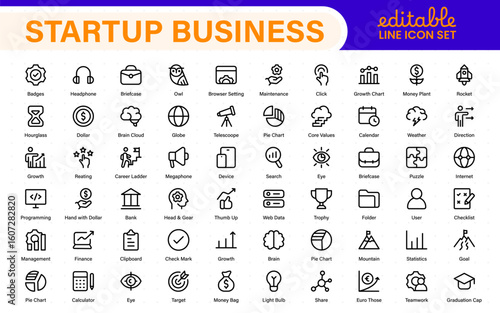 Startup business line icons set. Editable stroke business symbols. Innovation, growth, idea, and strategy icon collection. Thin line vector set for development.