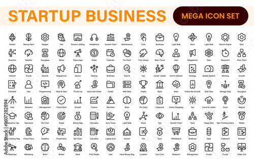 Startup business line icons set. Editable stroke business symbols. Innovation, growth, idea, and strategy icon collection. Thin line vector set for development.