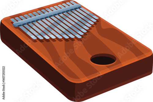 Wooden kalimba with metal tines resting on a white background