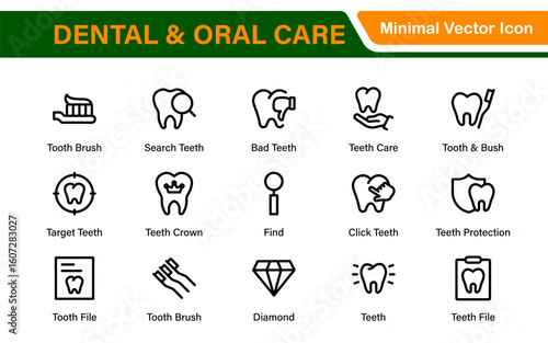 Dental and oral care icon set with tooth, implant, dentist, braces, floss, toothbrush, toothpaste, and mirror icons. Solid medical and healthcare symbol collection.