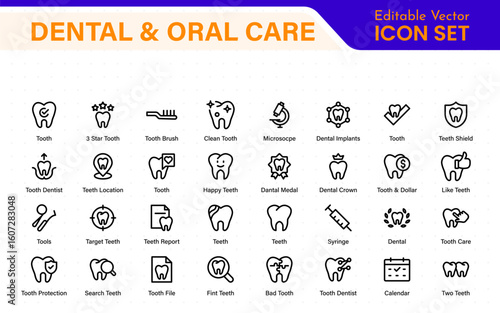 Dental and oral care icon set with tooth, implant, dentist, braces, floss, toothbrush, toothpaste, and mirror icons. Solid medical and healthcare symbol collection.