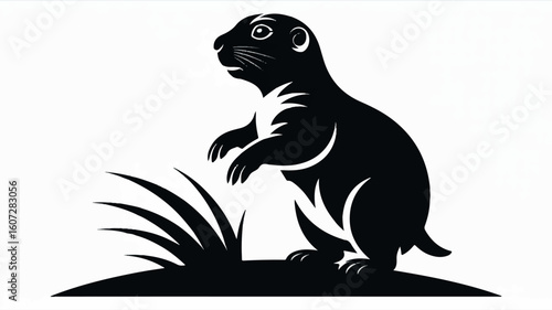 Black and white silhouette illustration of a prairie dog standing alert in its natural habitat