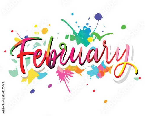 Celebrate colorful february month with vibrant watercolor splashes and artistic lettering design element, February text design