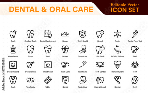 Dental and oral care icon set with tooth, implant, dentist, braces, floss, toothbrush, toothpaste, and mirror icons. Solid medical and healthcare symbol collection.