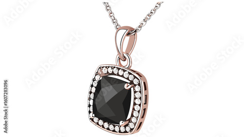 Elegant rose gold necklace featuring a square black gemstone surrounded by sparkling white diamonds