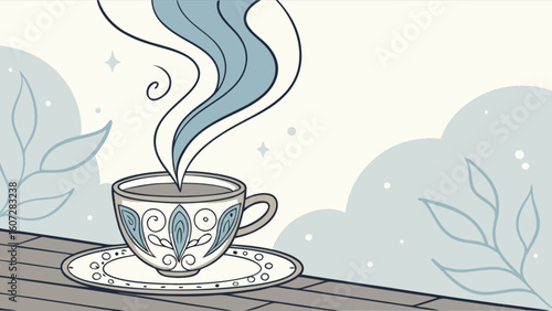 Aesthetic illustration of a steaming teacup with floral design on a wooden surface and floral background