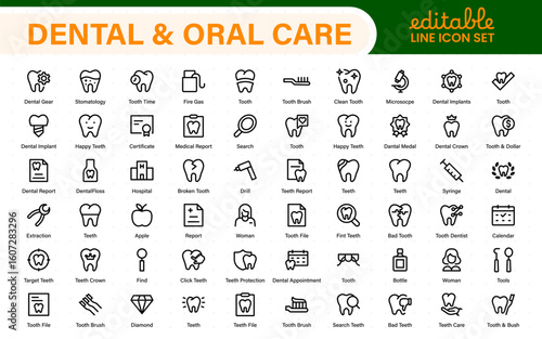 Dental and oral care icon set with tooth, implant, dentist, braces, floss, toothbrush, toothpaste, and mirror icons. Solid medical and healthcare symbol collection.