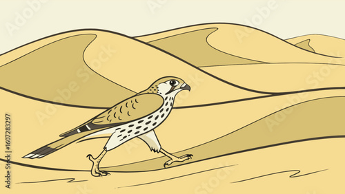 Illustration of a falcon walking across sand dunes in a desert landscape with a light beige background