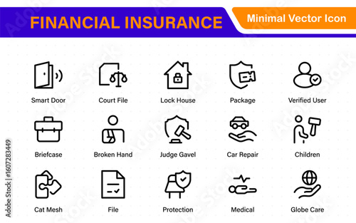 Financial insurance icon collection – thin line editable stroke set. Essential symbols for Car, Life, Medical, Property, Travel, and Financial insurance. Clean, modern design.