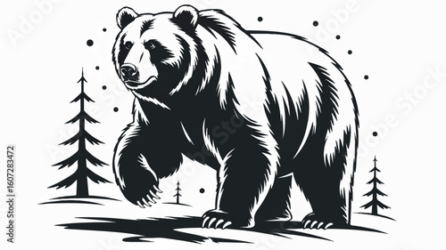 Dynamic black and white silhouette illustration of a standing grizzly bear