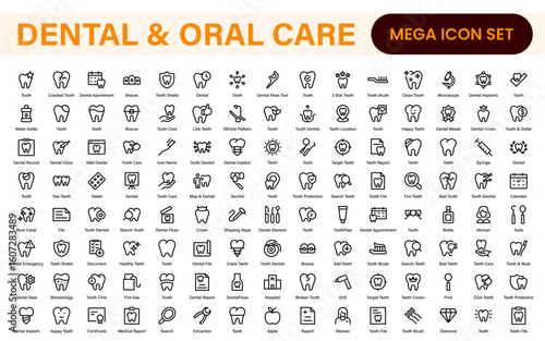 Dental and oral care icon set with tooth, implant, dentist, braces, floss, toothbrush, toothpaste, and mirror icons. Solid medical and healthcare symbol collection.