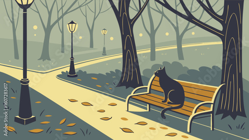 A serene park scene with a black cat sitting on a bench under a tree near glowing lampposts at dusk