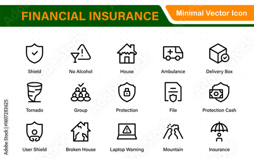 Financial insurance icon collection – thin line editable stroke set. Essential symbols for Car, Life, Medical, Property, Travel, and Financial insurance. Clean, modern design.
