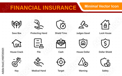 Financial insurance icon collection – thin line editable stroke set. Essential symbols for Car, Life, Medical, Property, Travel, and Financial insurance. Clean, modern design.