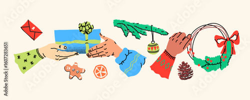 Hands with holiday preparations. Creative festive activities. Human arms actively wrapping gifts and decorating. Seasonal items like gingerbread and greeting cards. Handmade DIY holiday joy.