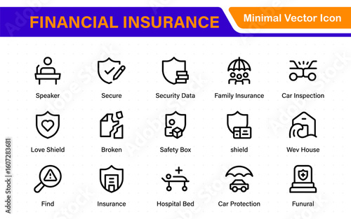 Financial insurance icon collection – thin line editable stroke set. Essential symbols for Car, Life, Medical, Property, Travel, and Financial insurance. Clean, modern design.