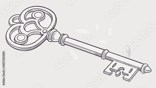 A detailed line drawing of an antique key with an ornate head and a classic key shape design shown