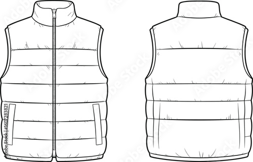 CAD drawing flat vector illustration of sleeveless padded puffer vest front and back view, winter outerwear fashion technical sketch
