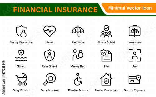 Financial insurance icon collection – thin line editable stroke set. Essential symbols for Car, Life, Medical, Property, Travel, and Financial insurance. Clean, modern design.