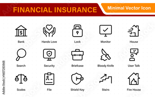Financial insurance icon collection – thin line editable stroke set. Essential symbols for Car, Life, Medical, Property, Travel, and Financial insurance. Clean, modern design.