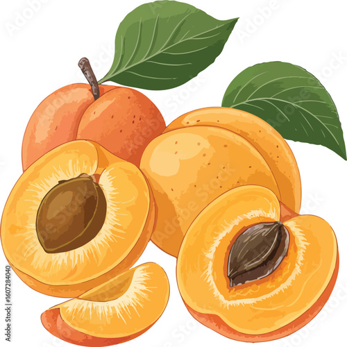 ripe apricots with leaves isolated on white