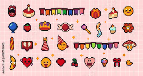 Pixels Y2k funny playful birthday art set of presents and gifts on holidays events. Cute bright party icons. Vector illustration