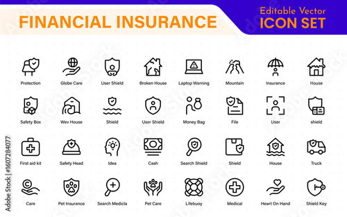 Financial insurance icon collection – thin line editable stroke set. Essential symbols for Car, Life, Medical, Property, Travel, and Financial insurance. Clean, modern design.