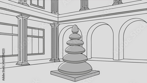 Architectural drawing of an interior courtyard featuring a stacked stone sculpture and arched openings