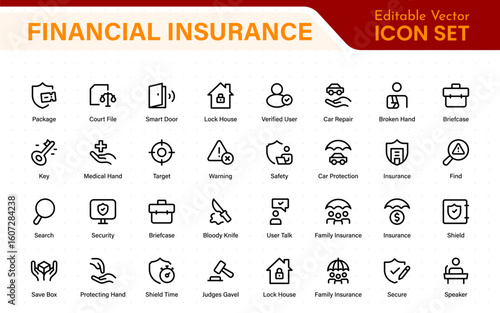 Financial insurance icon collection – thin line editable stroke set. Essential symbols for Car, Life, Medical, Property, Travel, and Financial insurance. Clean, modern design.