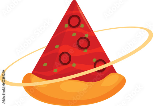 Delicious triangular slice of pizza spinning in space with a ring around it, resembling a planet
