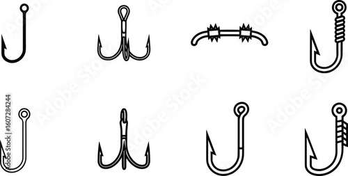 Set of various fishing hooks and tackle components in a clean white background illustration