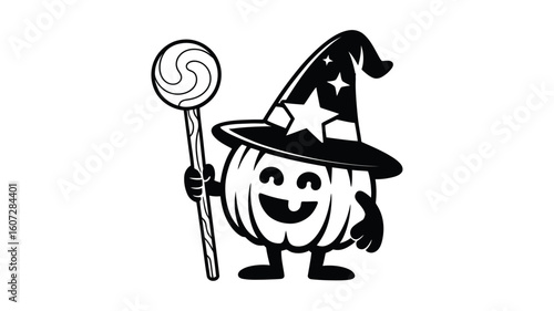 Pumpkin wizard with a lollipop ideal for Halloween designs, kids party invitations, seasonal decorations, themed social media posts, and blog headers.