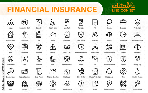 Financial insurance icon collection – thin line editable stroke set. Essential symbols for Car, Life, Medical, Property, Travel, and Financial insurance. Clean, modern design.
