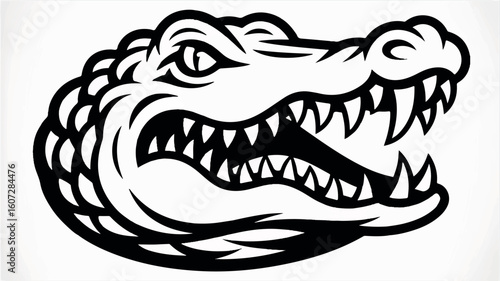 Tribal style black and white alligator head graphic illustration