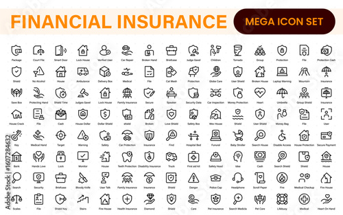Financial insurance icon collection – thin line editable stroke set. Essential symbols for Car, Life, Medical, Property, Travel, and Financial insurance. Clean, modern design.