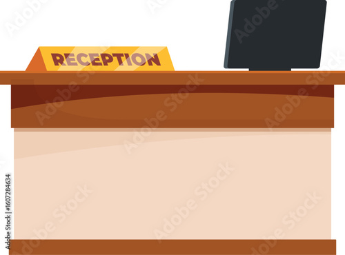 Wooden reception desk with computer monitor and reception sign showing check in area in hotel lobby