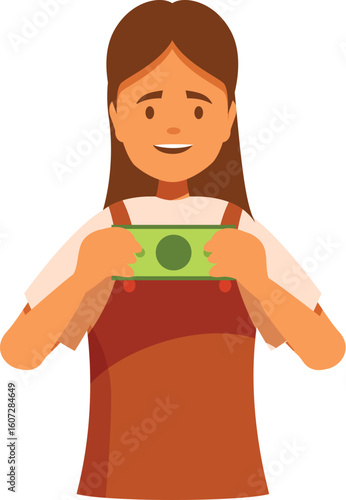 Young smiling girl holding cash, successful investment or profitable deal concept, isolated on white background