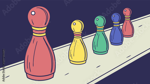Illustration of five bowling pins in a row with different colors on a lane with a dark background