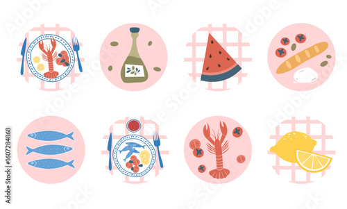 cute hand drawn vector set of flat logo design templates, icons and badges for social media highlight with summertime italian vacation traditional food 