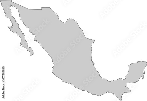 Clean grey silhouette map of Mexico, offering a neutral and versatile design for geographic, educational, or customizable projects.

