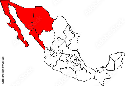 Map of Mexico with its Northwest region highlighted, ideal for geographic, desert, and border studies projects.

