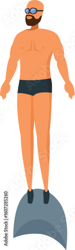 Swimmer wearing diving fins is standing on a diving platform, preparing to dive into water