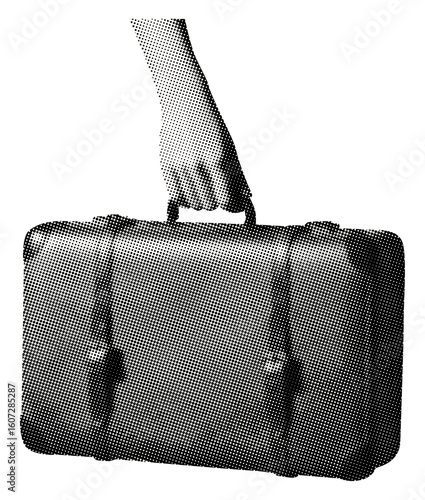hand holding travel suitcase isolated retro halftone cut-out collage element vintage dots texture for mixed media design journey tourism relocation concepts