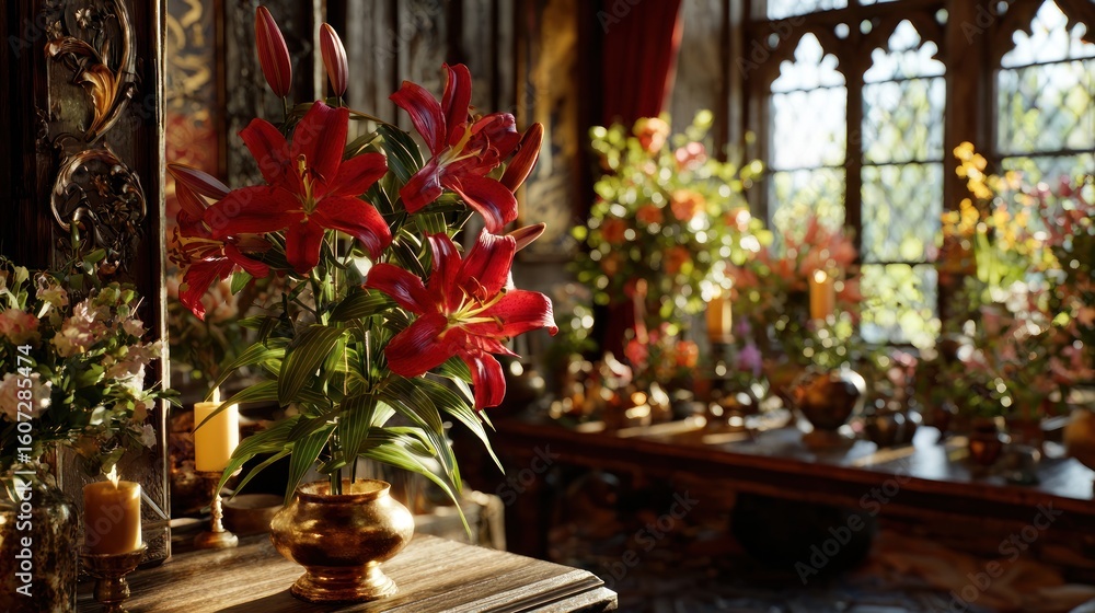 Fototapeta premium A luxurious interior scene with vibrant flowers and candles.