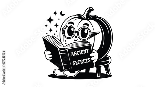 Pumpkin character engagingly reading an ancient secrets book with glasses, great for fall or halloween themed designs and promotions.