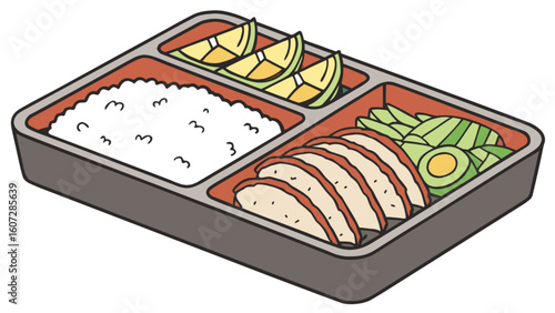 Isometric bento box with rice, sliced meat, avocado slices, and lemon wedges in a divided container