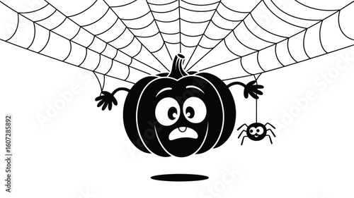 Halloween themed illustration with a hanging pumpkin and cartoon spider, perfect for seasonal designs, invitations, and social media graphics.
