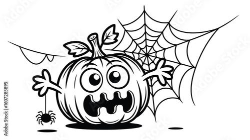 Pumpkin, spider, and spiderweb create a spooky Halloween scene. Perfect for seasonal marketing, greeting cards, and themed social media posts.