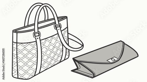 Illustration of a tote bag with handles and a patterned design next to a clutch purse object